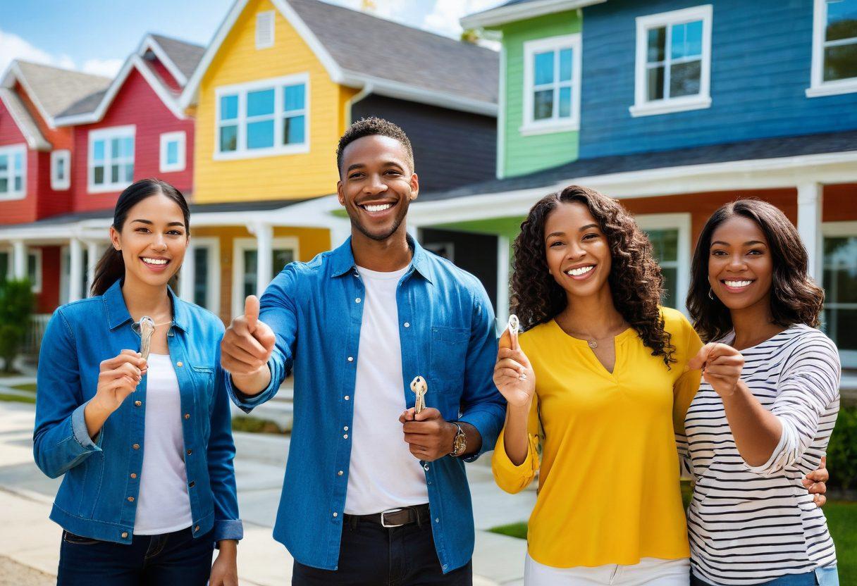 A diverse group of first-time home buyers standing together, each holding house keys and smiling, with a backdrop of colorful homes in various architectural styles. Include a friendly real estate agent gesturing towards a 'Welcome Home' sign, and a sunny sky above. The scene conveys optimism and guidance, symbolizing the journey of home buying. vibrant colors. super-realistic.