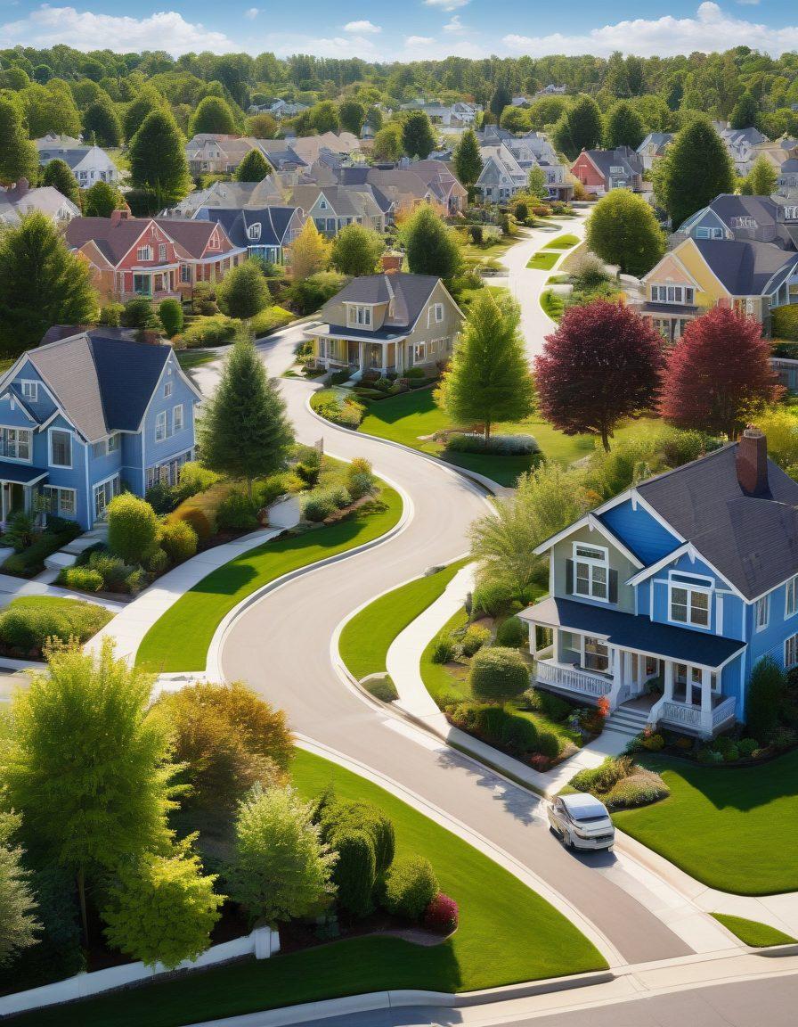 A detailed and visually appealing roadmap winding through a suburban neighborhood, dotted with charming houses and 'For Sale' signs. Include a compass and magnifying glass, symbolizing expert advice and guidance. Make it vibrant with lush greenery and clear blue skies. Illustrate people of diverse backgrounds, exploring their options and dreaming of home ownership. super-realistic. vibrant colors.