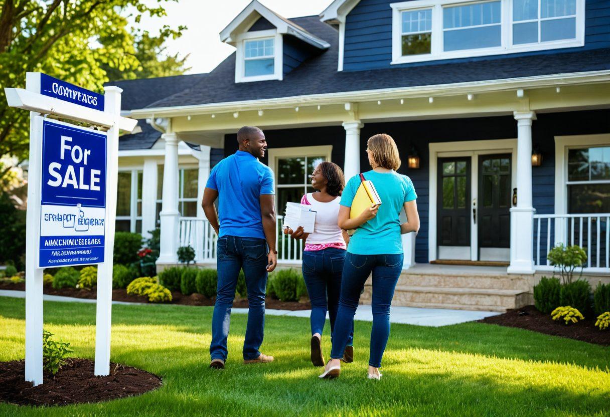 A welcoming scene featuring a diverse group of first-time home buyers exploring a cozy home, with a glowing 'For Sale' sign in the front yard. Include visual elements of mortgage documents and house listings scattered around. In the background, show a friendly real estate agent sharing insights, with a bright blue sky and lush greenery. Create a warm, inviting atmosphere to reflect hope and opportunity for new buyers. vibrant colors. super-realistic.